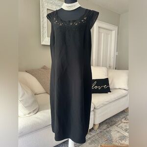 TALBOTS Little Black Dress Embroidered Pleat-Neck Shift Cocktail Dress Size 14